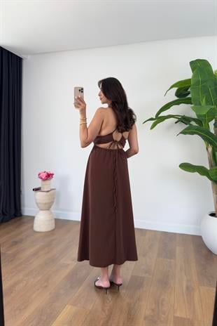 Lendy Kahve Lastik Sırt Detaylı Astarlı Askılı Elbise