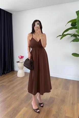 Lendy Kahve Lastik Sırt Detaylı Astarlı Askılı Elbise