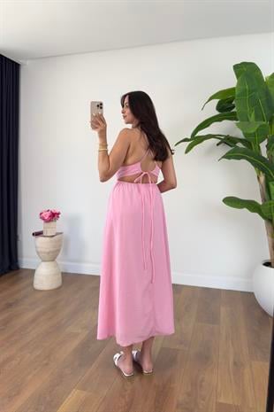 Lendy Pembe Lastik Sırt Detaylı Astarlı Askılı Elbise