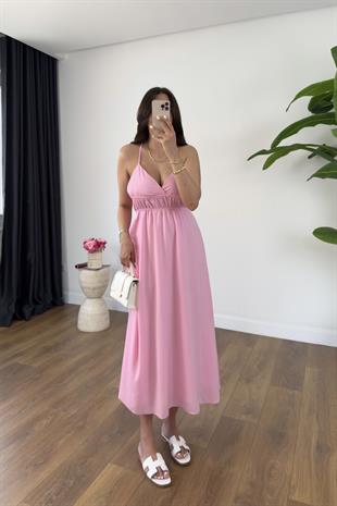 Lendy Pembe Lastik Sırt Detaylı Astarlı Askılı Elbise