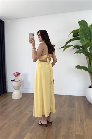 Lendy Sarı Lastik Sırt Detaylı Astarlı Askılı Elbise
