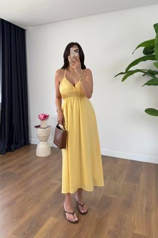 Lendy Sarı Lastik Sırt Detaylı Astarlı Askılı Elbise