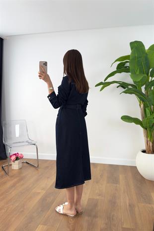 Lenksa Dark Blue Denim Kemerli Elbise