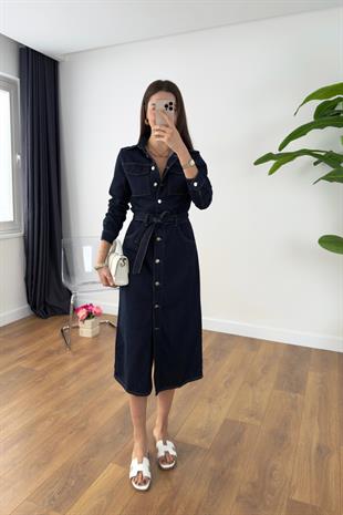 Lenksa Dark Blue Denim Kemerli Elbise