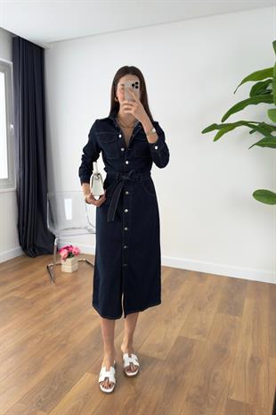 Lenksa Dark Blue Denim Kemerli Elbise