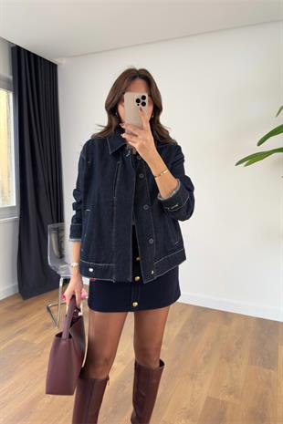 Lensa Dark Blue Gizli Düğme Detaylı Denim Ceket