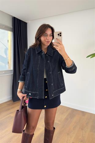 Lensa Dark Blue Gizli Düğme Detaylı Denim Ceket