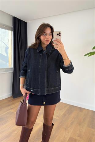 Lensa Dark Blue Gizli Düğme Detaylı Denim Ceket