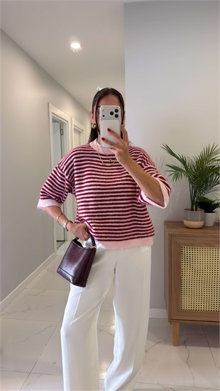 Lepa Pembe Kırmızı Çizgili Triko