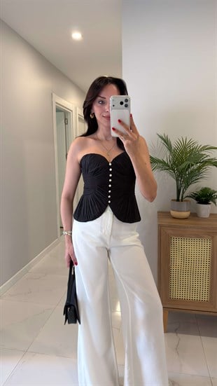 Lercana Siyah Düğme Detaylı Korse Bluz