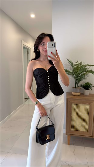 Lercana Siyah Düğme Detaylı Korse Bluz