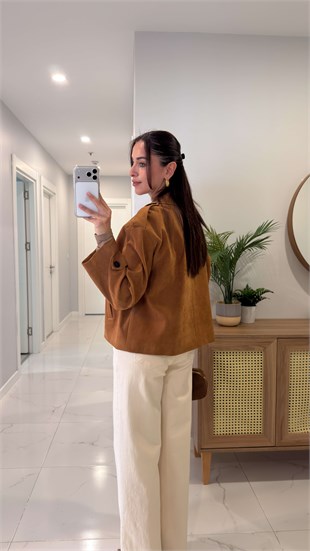 Lersa Camel Düğmeli Kısa Süet Ceket
