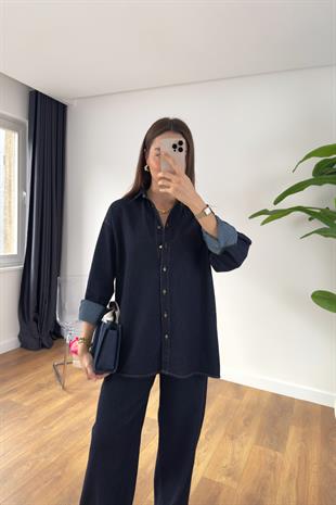 Lesina Dark Blue Gömlek Pantolon Kemerli Takım