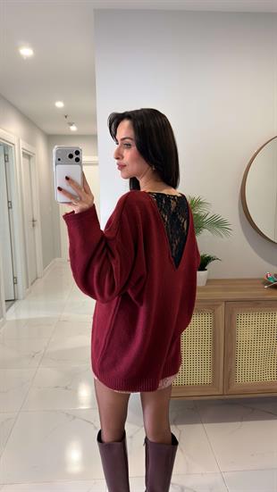 Lesiya Bordo Sırt Dantel Detaylı Triko