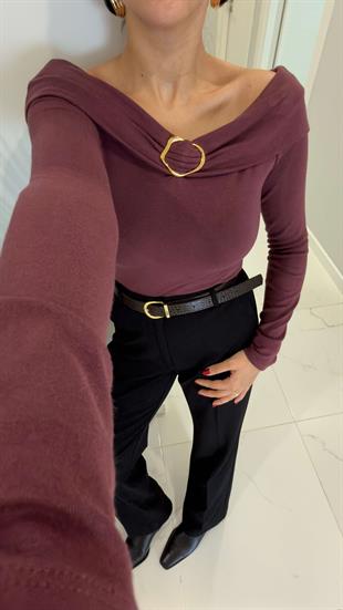 Lesora Bordo Gold Toka Detaylı Kayık Yaka Bluz