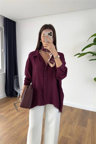 Lestane Bordo Transparan Gömlek