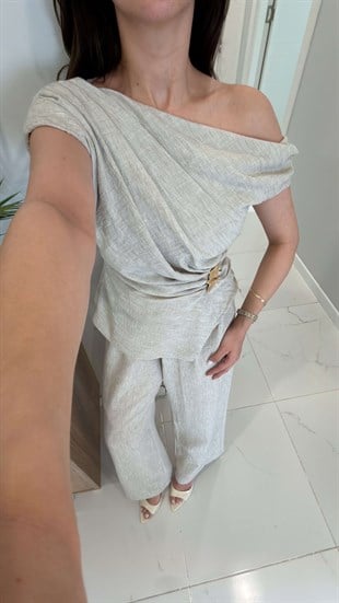 Letca Bej Gold Toka Detaylı Pantolon Bluz Takım