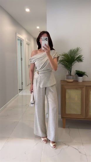 Letca Bej Gold Toka Detaylı Pantolon Bluz Takım