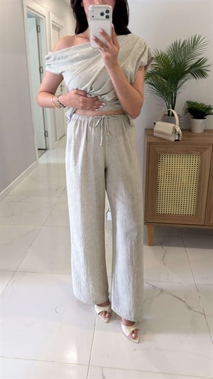 Letca Bej Gold Toka Detaylı Pantolon Bluz Takım