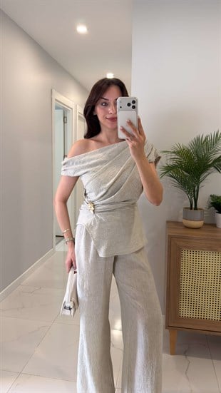 Letca Bej Gold Toka Detaylı Pantolon Bluz Takım