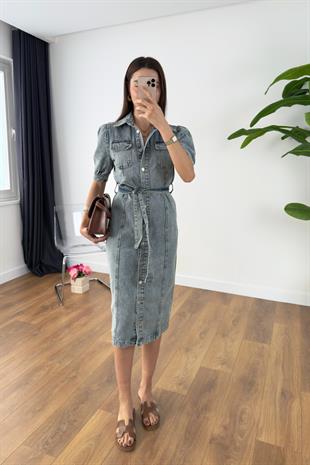 Levra Buz Mavi Denim Maxi Elbise