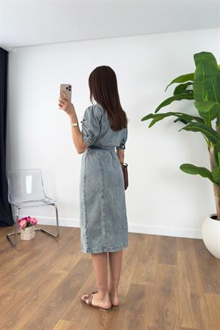 Levra Buz Mavi Denim Maxi Elbise