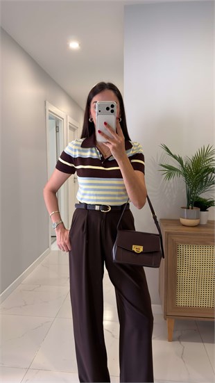 Leydra Kahve Sarı Polo Yaka Triko