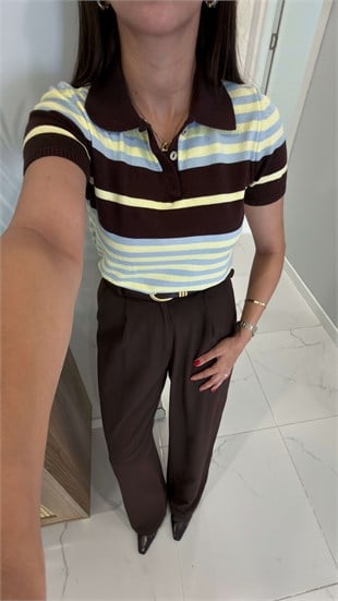 Leydra Kahve Sarı Polo Yaka Triko