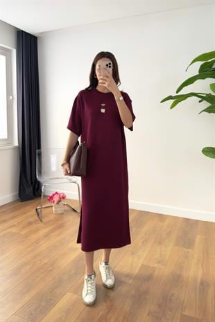 Leylima Bordo Ayıcık İşlemeli Elbise