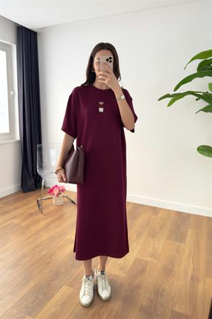 Leylima Bordo Ayıcık İşlemeli Elbise