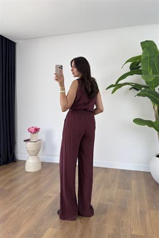 Leyona Bordo V Yaka Bluz Pantolon Takım