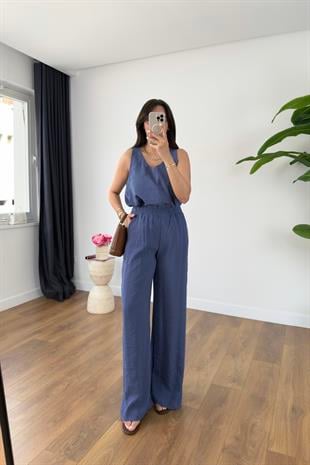 Leyona İndigo V Yaka Bluz Pantolon Takım
