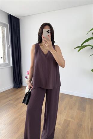 Leyona Mürdüm V Yaka Bluz Pantolon Takım