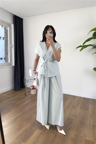 Lidya Bebe Mavi Gizli Düğmeli İpli Keten Yelek Takım