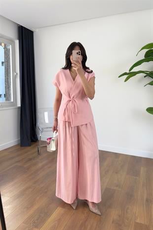 Lidya Pembe Gizli Düğmeli İpli Keten Yelek Takım