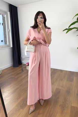 Lidya Pembe Gizli Düğmeli İpli Keten Yelek Takım