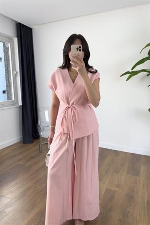 Lidya Pembe Gizli Düğmeli İpli Keten Yelek Takım