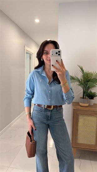 Ligsa Buz Mavi Logolu Denim Gömlek