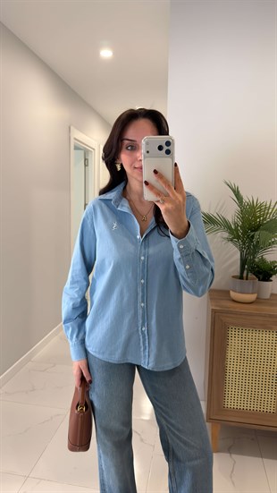 Ligsa Buz Mavi Logolu Denim Gömlek