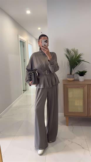 Lilyana Haki Bel Oturmalı Kemerli Pantolon Takım