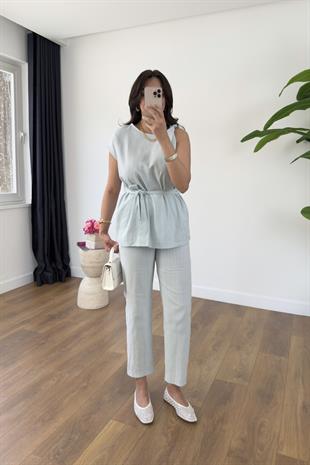 Linda Mavi Omuzu Burmalı Kuşaklı Bluz Pantolon Takım