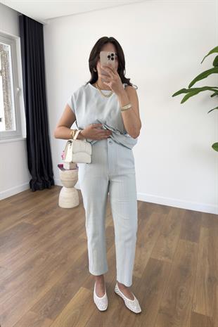 Linda Mavi Omuzu Burmalı Kuşaklı Bluz Pantolon Takım