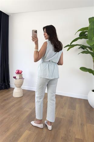 Linda Mavi Omuzu Burmalı Kuşaklı Bluz Pantolon Takım
