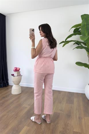 Linda Pembe Omuzu Burmalı Kuşaklı Bluz Pantolon Takım
