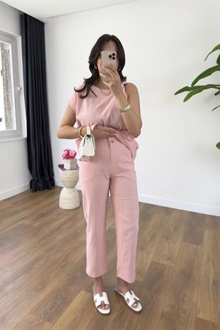 Linda Pembe Omuzu Burmalı Kuşaklı Bluz Pantolon Takım