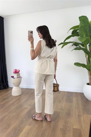 Linda Taş Omuzu Burmalı Kuşaklı Bluz Pantolon Takım