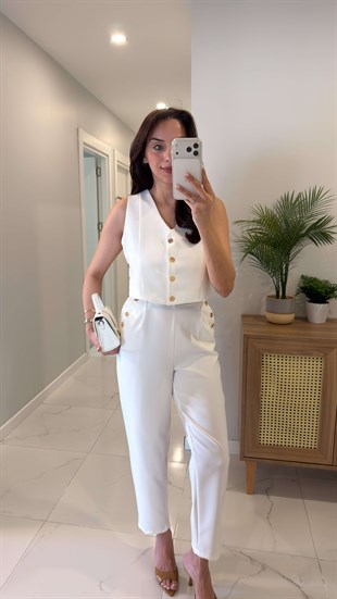 Liod Beyaz Gold Düğme Detaylı Yelek Pantolon Takım