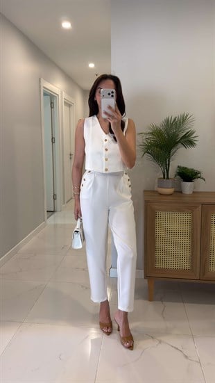 Liod Beyaz Gold Düğme Detaylı Yelek Pantolon Takım