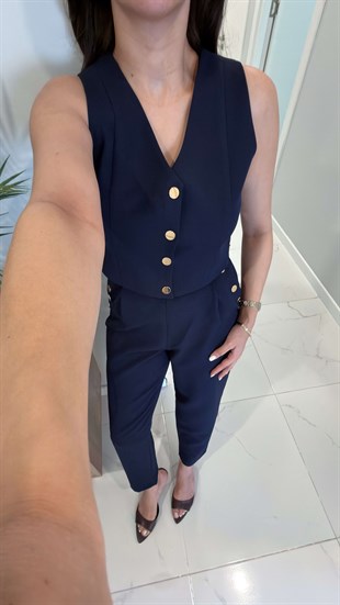Liod Lacivert Gold Düğme Detaylı Yelek Pantolon Takım
