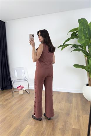 Lisa Kiremit Düğme Detaylı Yelek Pantolon Takım